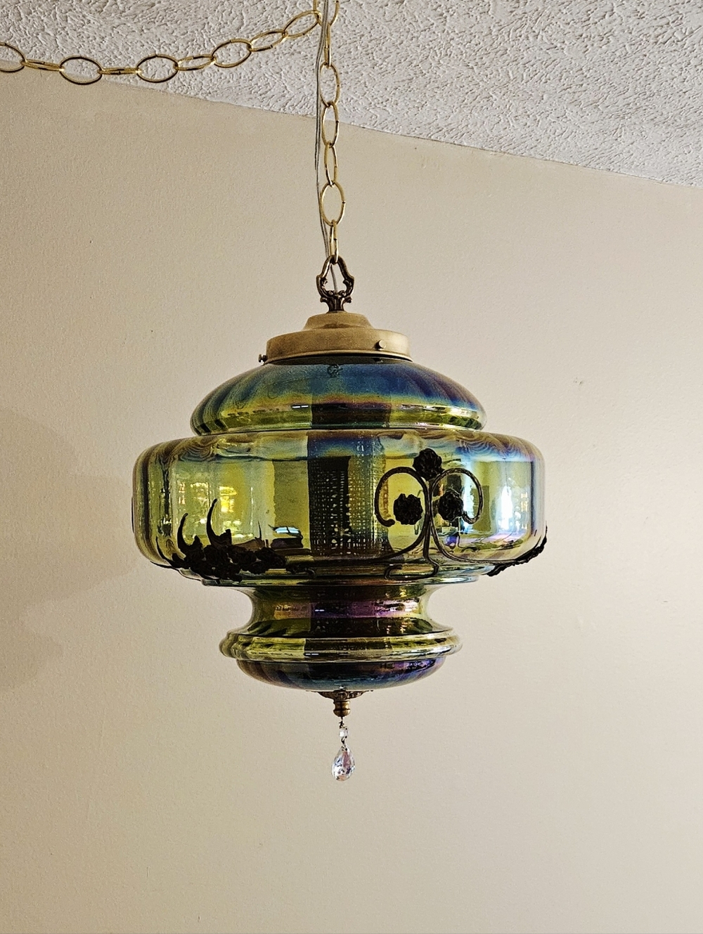 CARNIVAL Moriage GREEN Glass FALKENSTEIN Hanging Vintage Antique Light Swag Lamp